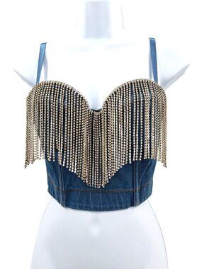 Lydia USA Denim Bustier Crop Top With Rhinestone Fringe Size Small NWT